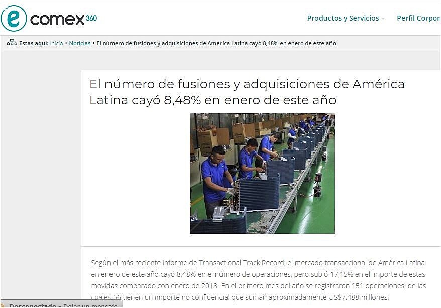 El nmero de fusiones y adquisiciones de Amrica Latina cay 8,48% en enero de este ao